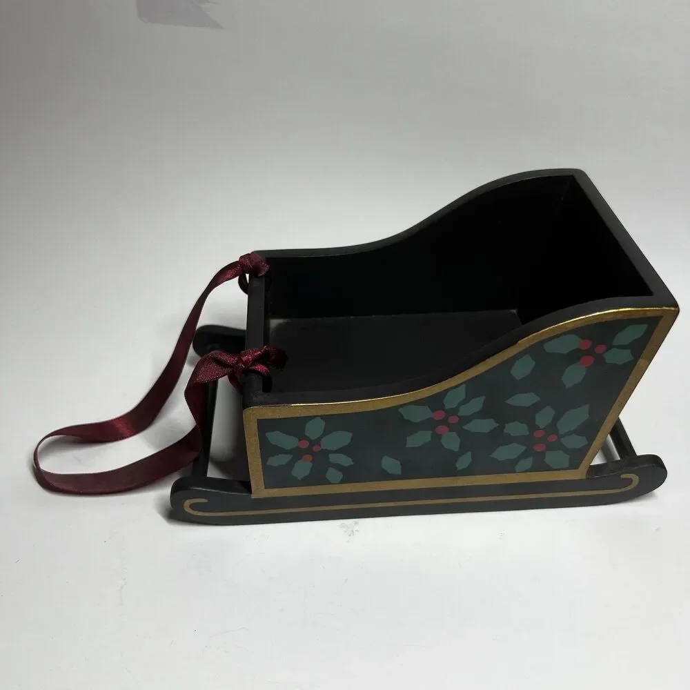 Vintage Christmas Wooden Sleigh Table Decor Hand Painted Holly Holiday Planter
